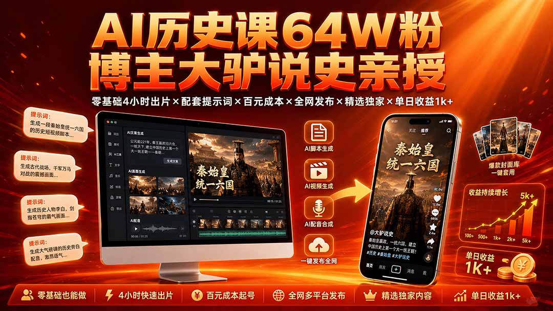 AI历史课64W粉博主大驴说史亲授：零基础4小时出片×配套提示词×百元成本×全网发布×精选独家×单日收益1k+-禾谷轻创网
