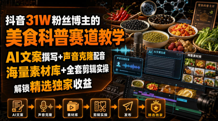 抖音31W粉丝博主的美食科普赛道教学，AI文案撰写+声音克隆配音+剪辑实操，解锁精选独家收益-禾谷轻创网