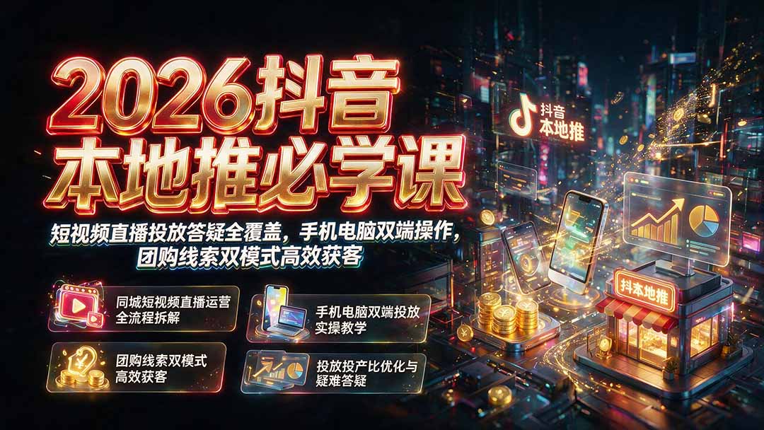 2026抖音本地推必学课｜短视频直播投放答疑全覆盖，手机电脑双端操作，团购线索双模式高效获客-禾谷轻创网