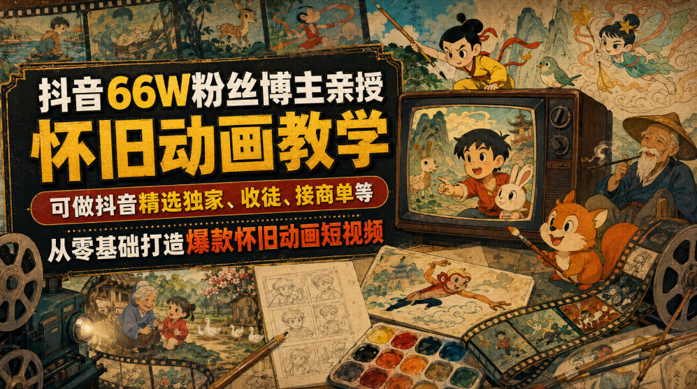 抖音66W粉丝博主亲授怀旧动画教学，可做抖音精选独家、收徒、接商单等，从零基础打造爆款怀旧动画短视频-禾谷轻创网