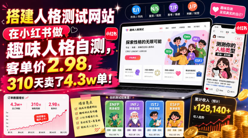 搭建人格测试网站在小红书做趣味人格自测，客单价2.98，310天卖了4.3w单！-禾谷轻创网