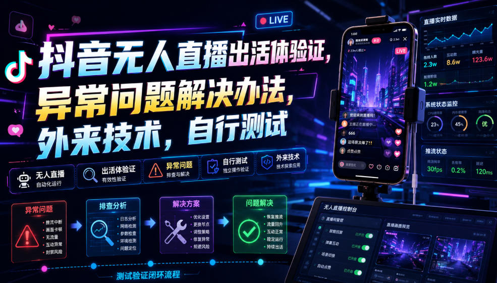 抖音无人直播出活体验证，异常问题解决办法，外来技术，自行测试-禾谷轻创网