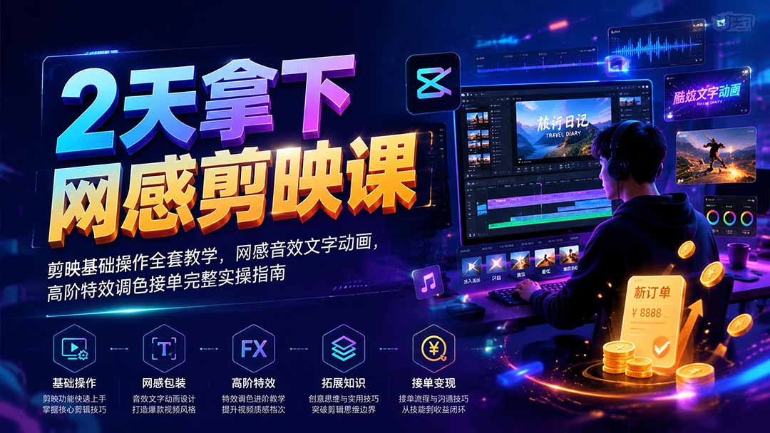 2天拿下网感剪辑课｜剪映基础操作全套教学，网感音效文字动画，高阶特效调色接单完整实操指南-禾谷轻创网