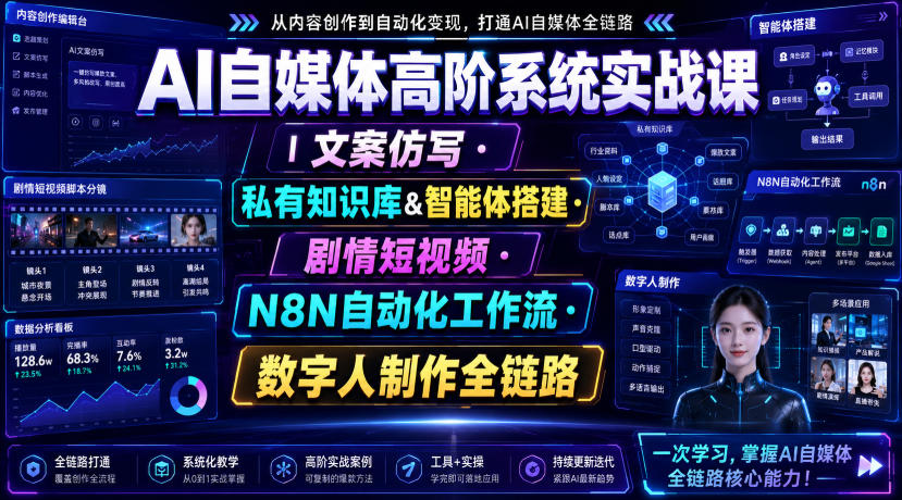 AI自媒体高阶系统实战课｜文案仿写・私有知识库&智能体搭建・剧情短视频・N8N自动化工作流・数字人制作全链路-禾谷轻创网