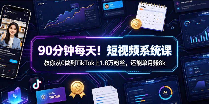 90分钟每天！短视频系统课教你从0做到TikTok上1.8万粉丝，还能单月賺8k【原创双语字幕】-禾谷轻创网
