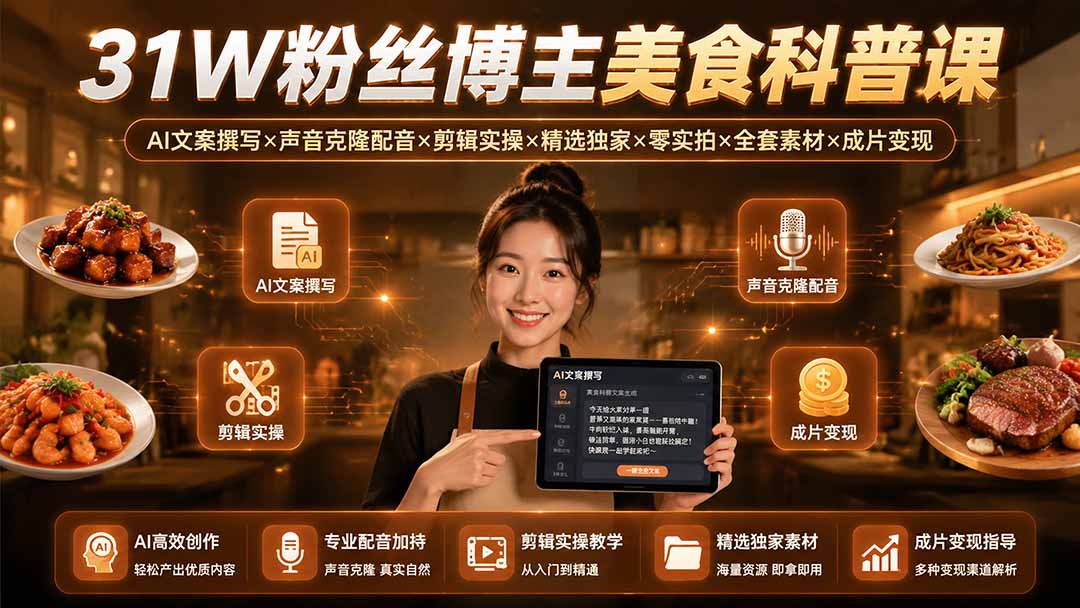 31W粉丝博主美食科普课：AI文案撰写×声音克隆配音×剪辑实操×精选独家×零实拍×全套素材×成片变现-禾谷轻创网