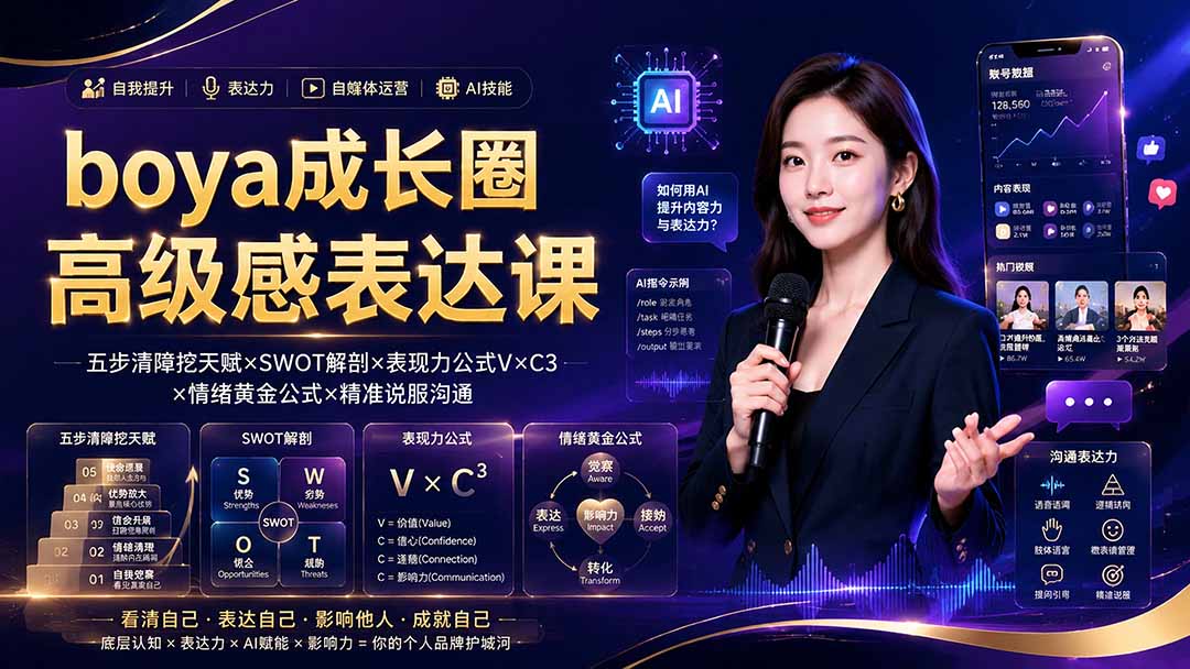 boya成长圈｜内心成长高级表达AI自媒体三合一，消解内耗挖掘天赋，镜头沟通AI指令短视频全流程教学-禾谷轻创网