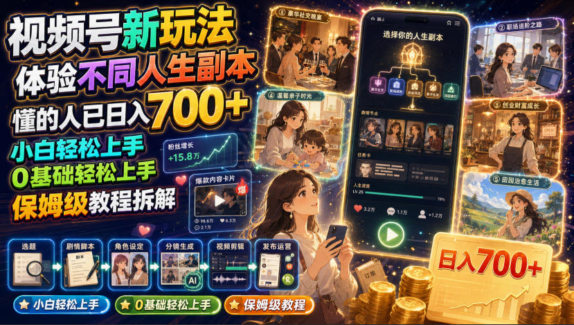 视频号新玩法体验不同人生副本，懂的人已日入700+，小白轻松上手，0基础轻松上手，保姆级教程拆解-禾谷轻创网