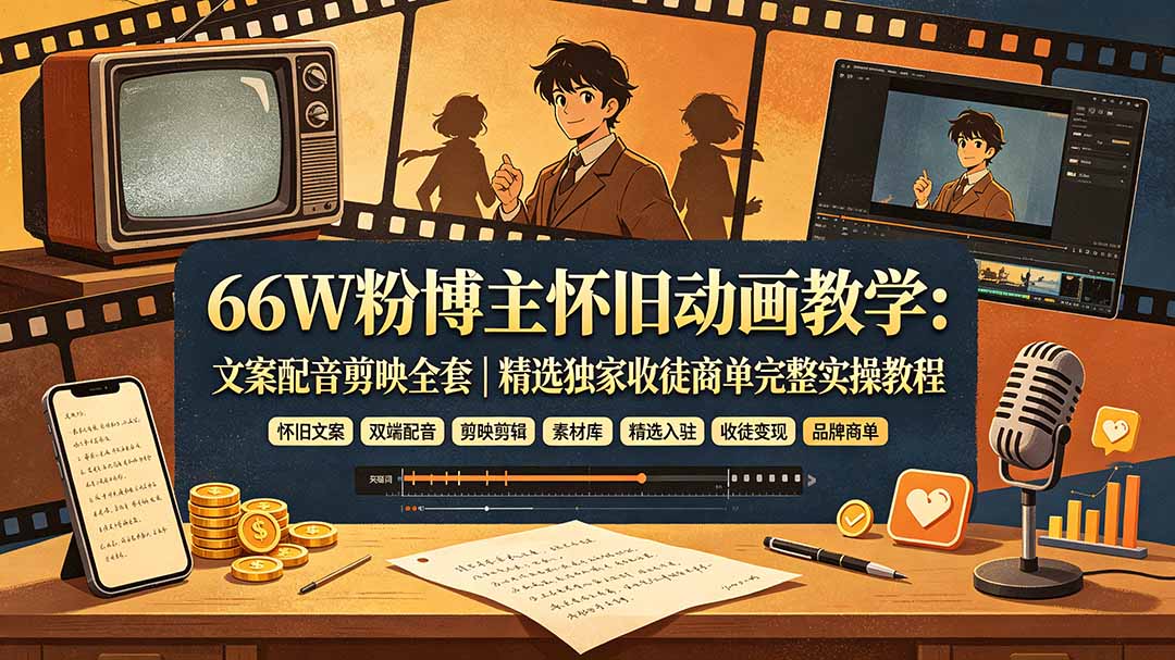 66W粉博主怀旧动画教学：文案配音剪映全套｜精选独家收徒商单完整实操教程-禾谷轻创网