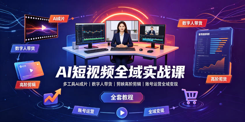 AI短视频全域实战课｜多工具AI成片、数字人带货、剪映高阶剪辑、账号运营全域变现全套教程-禾谷轻创网