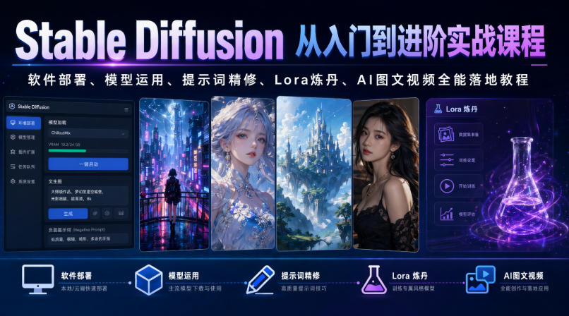 Stable Diffusion从入门到进阶实战课程｜软件部署、模型运用、提示词精修、Lora炼丹、AI图文视频全能落地教程-禾谷轻创网