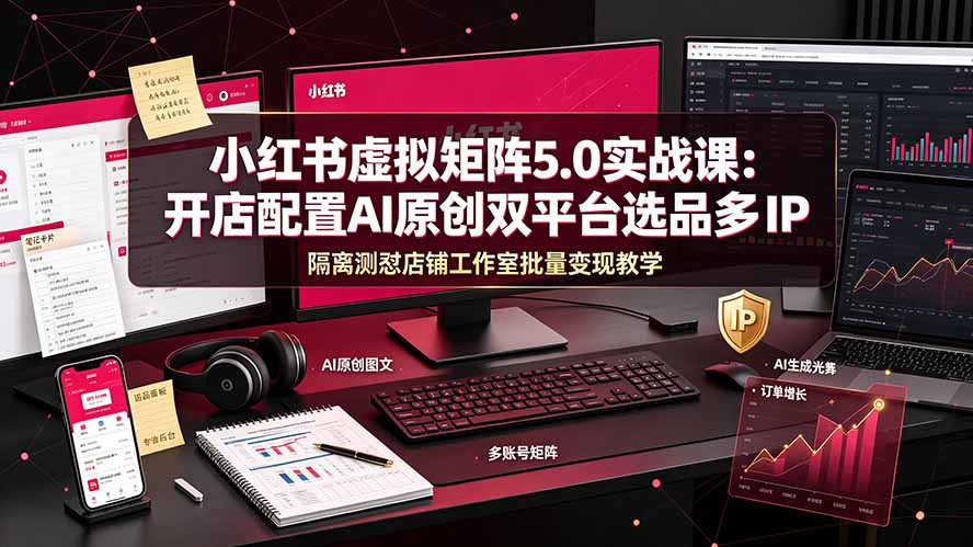 小红书虚拟矩阵5.0实战课：开店配置｜AI原创｜双平台选品｜多IP隔离｜测怼店铺工作室批量变现实操教学-禾谷轻创网