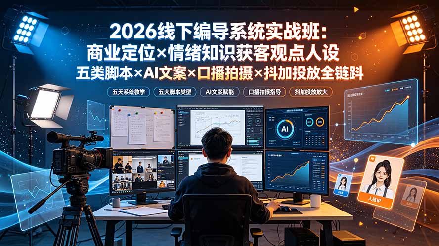 2026线下编导系统实战班：商业定位×情绪知识获客观点人设五类脚本×AI文案×口播拍摄×抖加投放全链路-禾谷轻创网