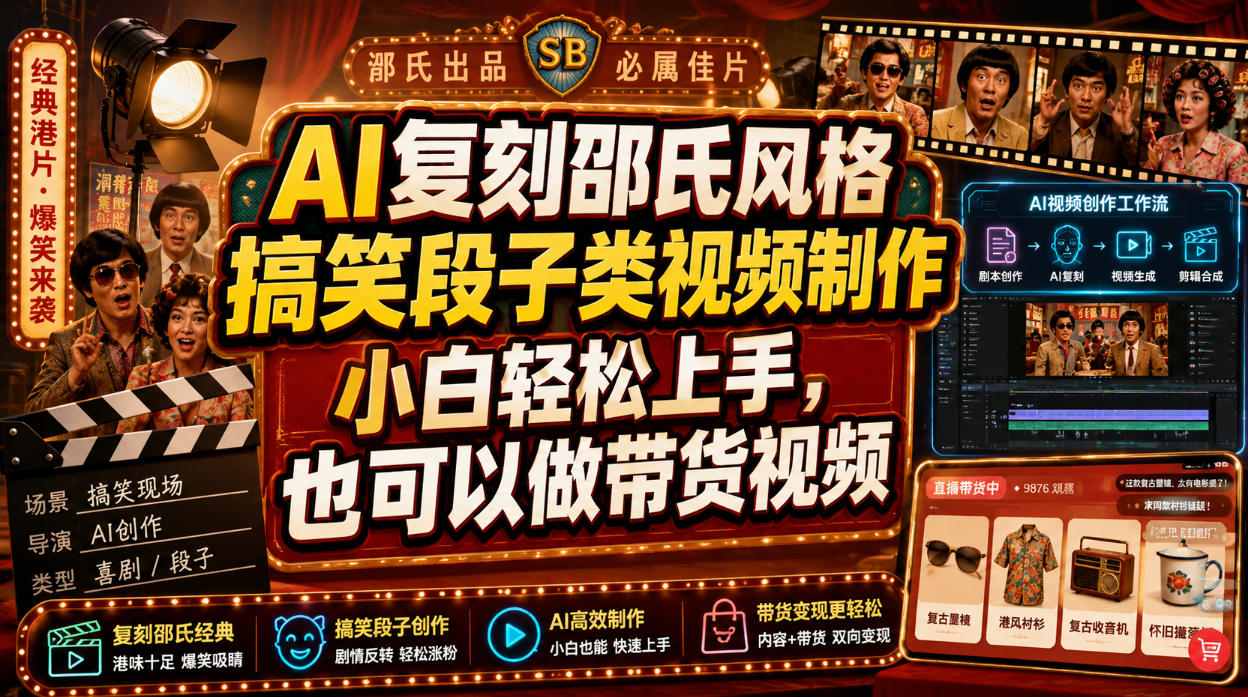 AI复刻邵氏风格搞笑段子类视频制作，小白轻松上手，也可以做带货视频-禾谷轻创网