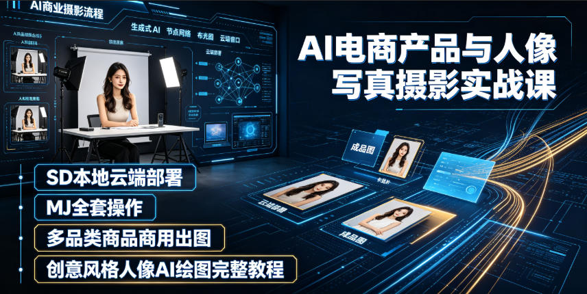 AI电商产品与人像写真摄影实战课｜SD本地云端部署、MJ全套操作、多品类商品商用出图、创意风格人像AI绘图完整教程-禾谷轻创网
