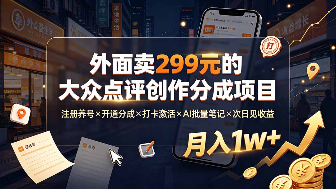 外面卖299元的大众点评创作分成项目：注册养号×开通分成×打卡激活×AI批量笔记×次日见收益，月入1w+-禾谷轻创网