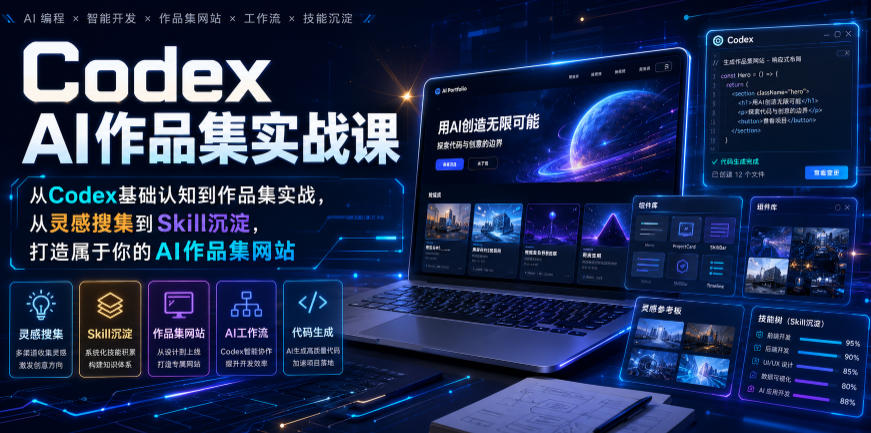 Codex AI作品集实战课，从Codex基础认知到作品集实战，从灵感搜集到Skill沉淀，打造属于你的AI作品集网站-禾谷轻创网