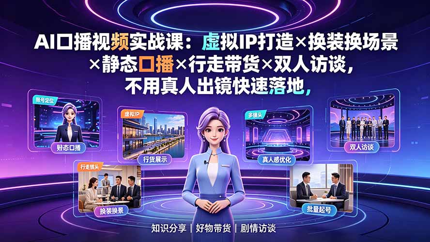 AI口播视频实战课：虚拟IP打造×换装换场景×静态口播×行走带货×双人访谈，不用真人出镜快速落地-禾谷轻创网
