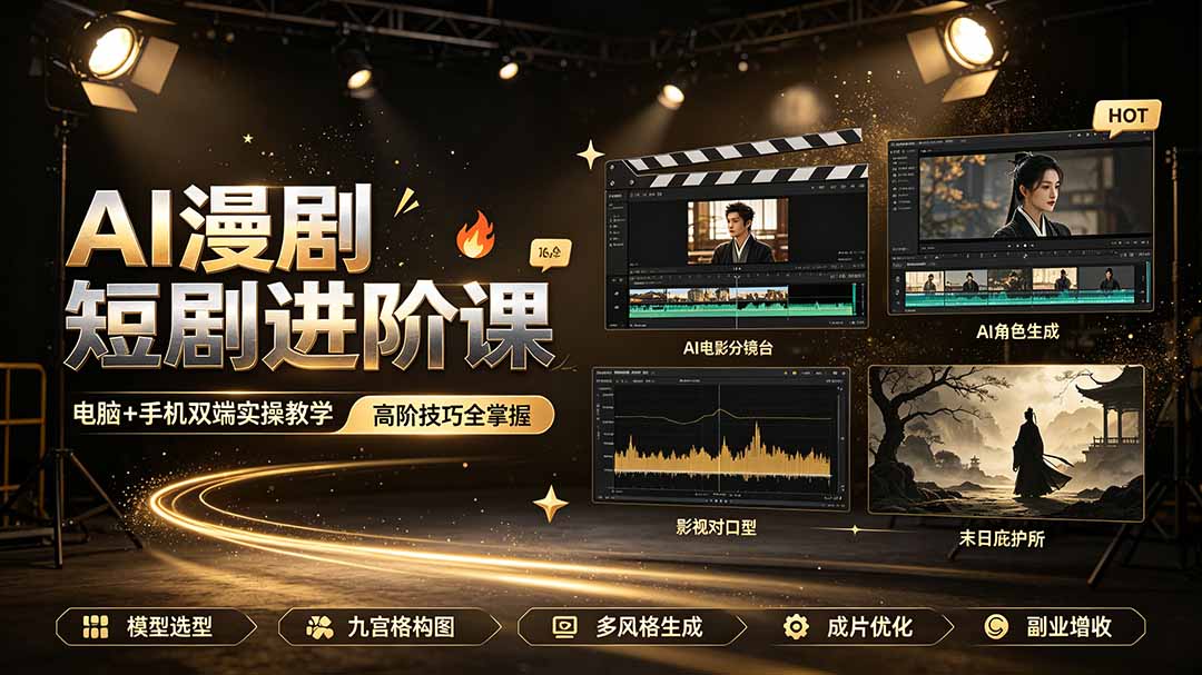 AI漫剧短剧进阶课｜电脑+手机双端实操教学｜影视剧对口型人物吃瓜×解压末日庇护所全程讲解，高阶技巧全掌握-禾谷轻创网