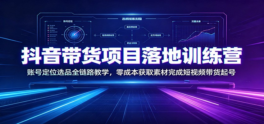 抖音带货项目落地训练营：账号定位选品全链路教学，零成本获取素材完成短视频带货起号-禾谷轻创网