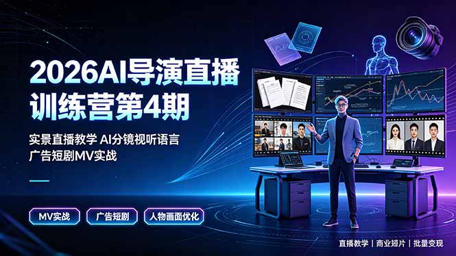 2026AI导演直播训练营第4期，实景直播教学AI分镜视听语言，广告短剧MV实战，解决人物画面崩坏痛点-禾谷轻创网