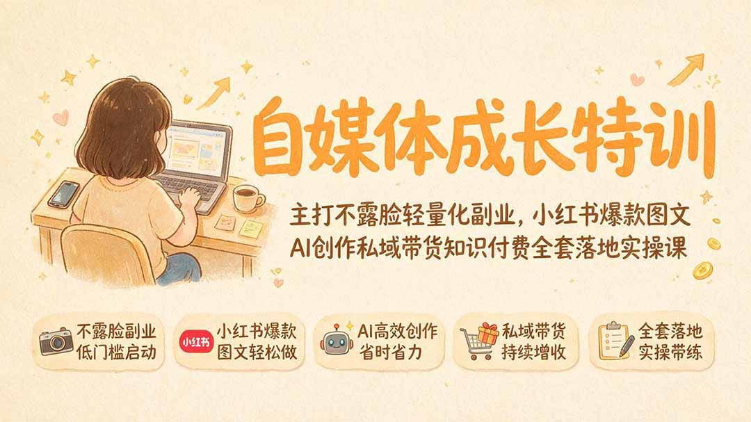 自媒体成长特训｜主打不露脸轻量化副业，小红书爆款图文AI创作私域带货知识付费全套落地实操课-禾谷轻创网