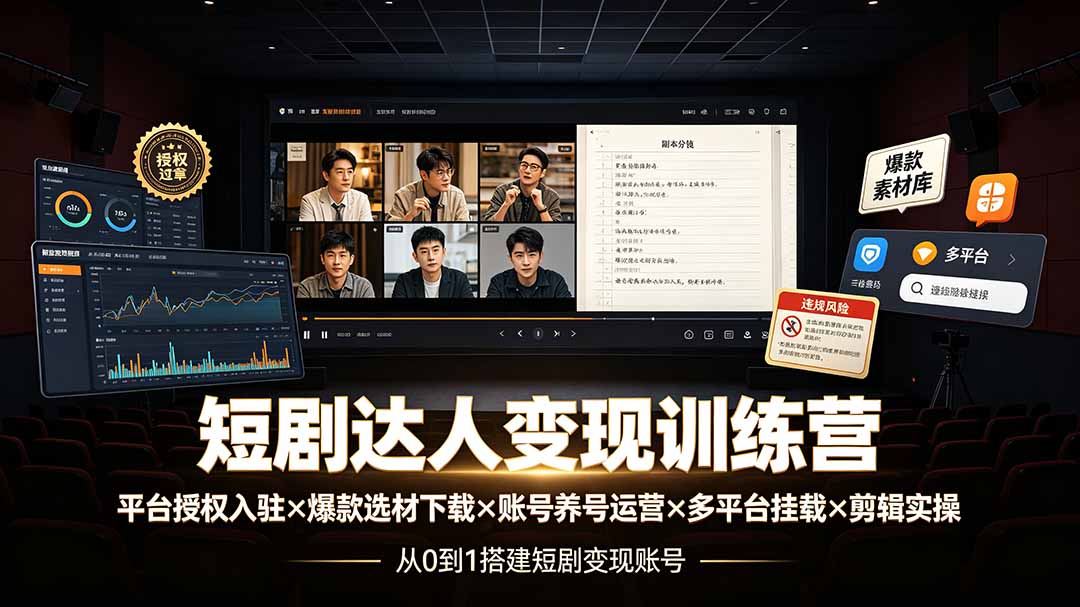 短剧达人变现训练营：平台授权入驻×爆款选材下载×账号养号运营×多平台挂载×剪辑实操×违规处理全流程-禾谷轻创网