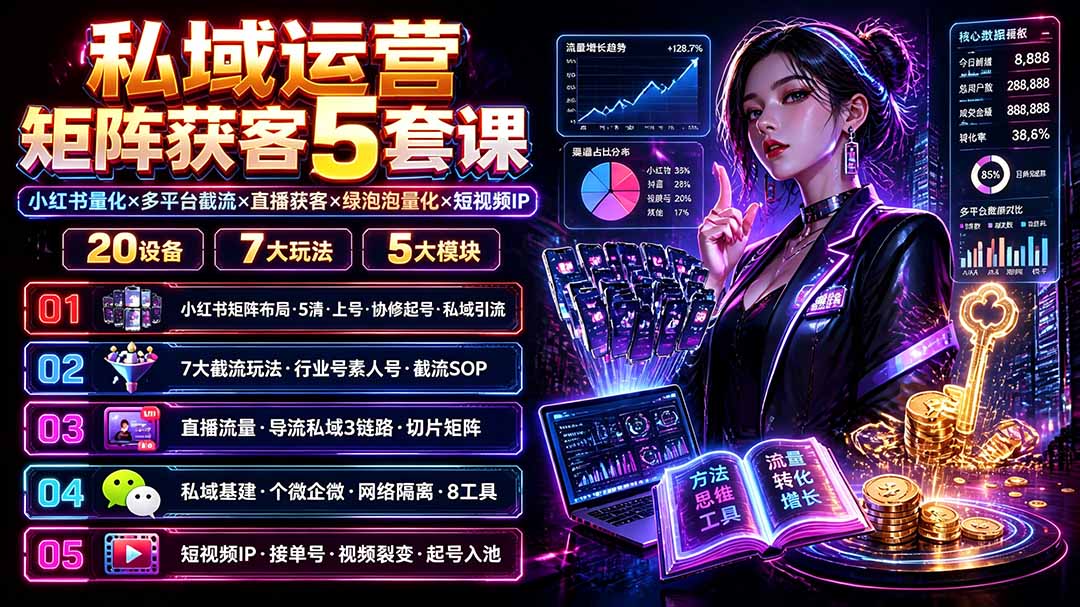 私域运营矩阵获客5套课：小红书量化×多平台截流×直播获客×绿泡泡量化×短视频IP×20设备×7大玩法-禾谷轻创网