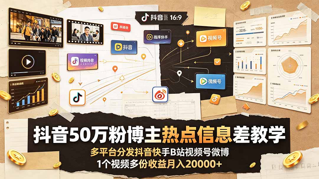 抖音50万粉博主热点信息差教学：多平台分发抖音快手B站视频号微博，1个视频多份收益月入20000+-禾谷轻创网