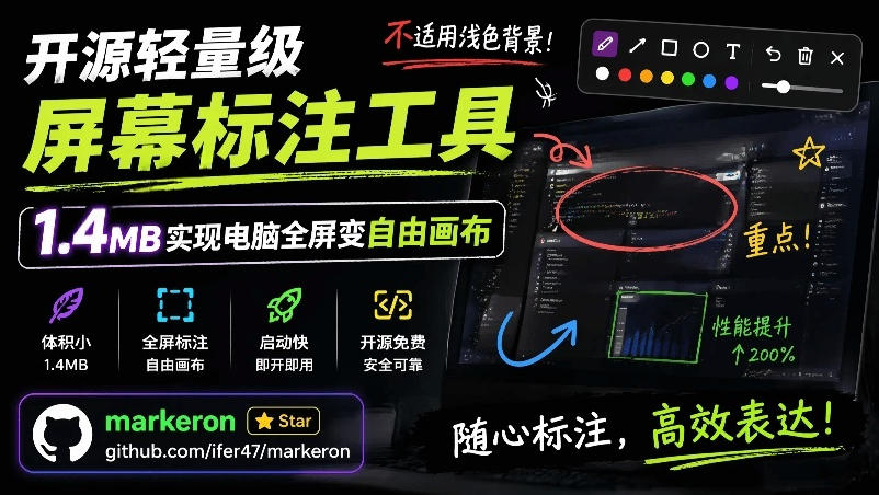 开源轻量级屏幕标注工具，1.4MB实现电脑全屏变自由画布！支持8种标注工具和全键盘操控MarkerOn-禾谷轻创网