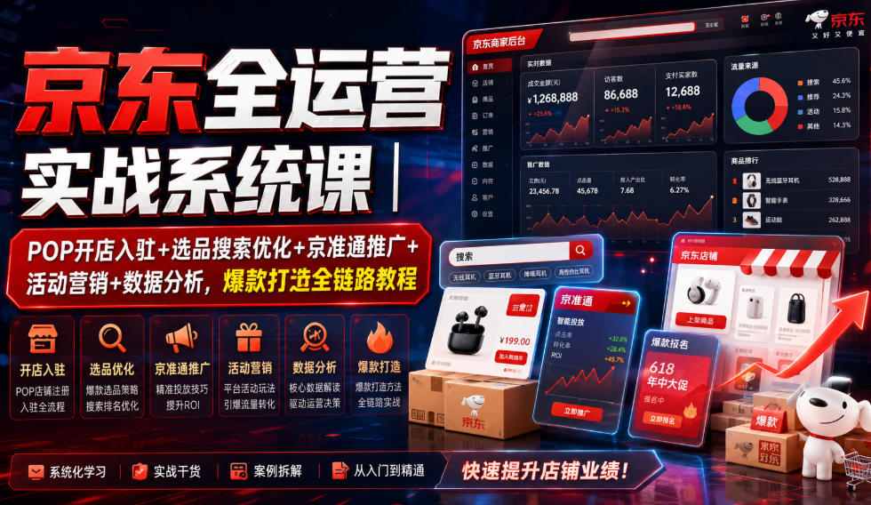 京东全运营实战系统课｜POP开店入驻+选品搜索优化+京准通推广+活动营销+数据分析，爆款打造全链路教程-禾谷轻创网