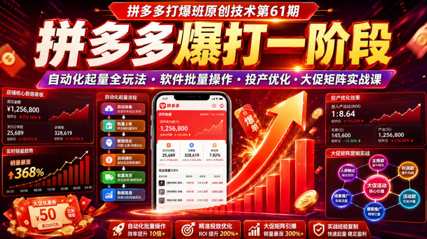 拼多多打爆班原创技术第61期，拼多多爆打一阶段，自动化起量全玩法・软件批量操作・投产优化・大促矩阵实战课-禾谷轻创网