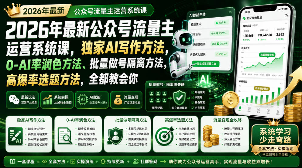 2026年最新公众号流量主运营系统课，独家AI写作方法，0-AI率润色方法、批量做号隔离方法、高爆率选题方法，全都教会你-禾谷轻创网