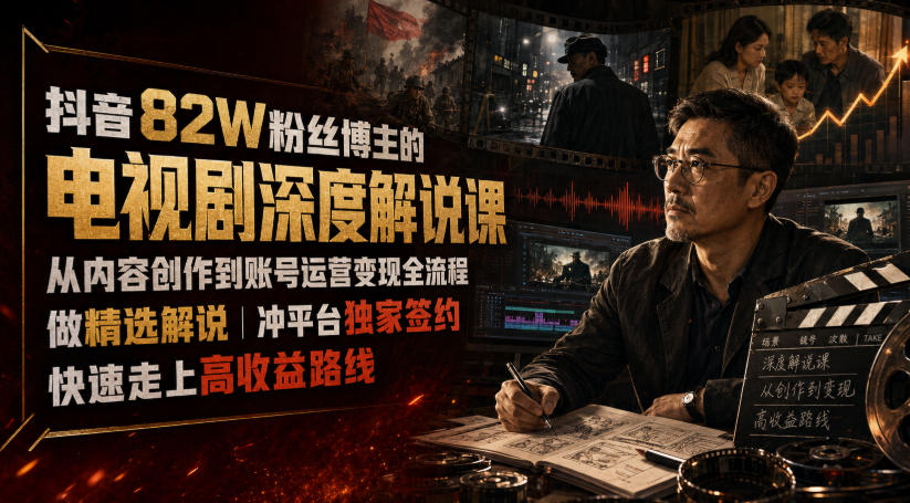 抖音82W粉丝博主的电视剧深度解说课，从内容创作到账号运营变现全流程，做精选解说，冲平台独家签约，快速走上高收益路线-禾谷轻创网