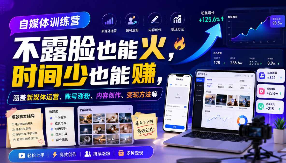 自媒体训练营，不露脸也能火，时间少也能賺，涵盖新媒体运营、账号涨粉、内容创作、变现方法等-禾谷轻创网