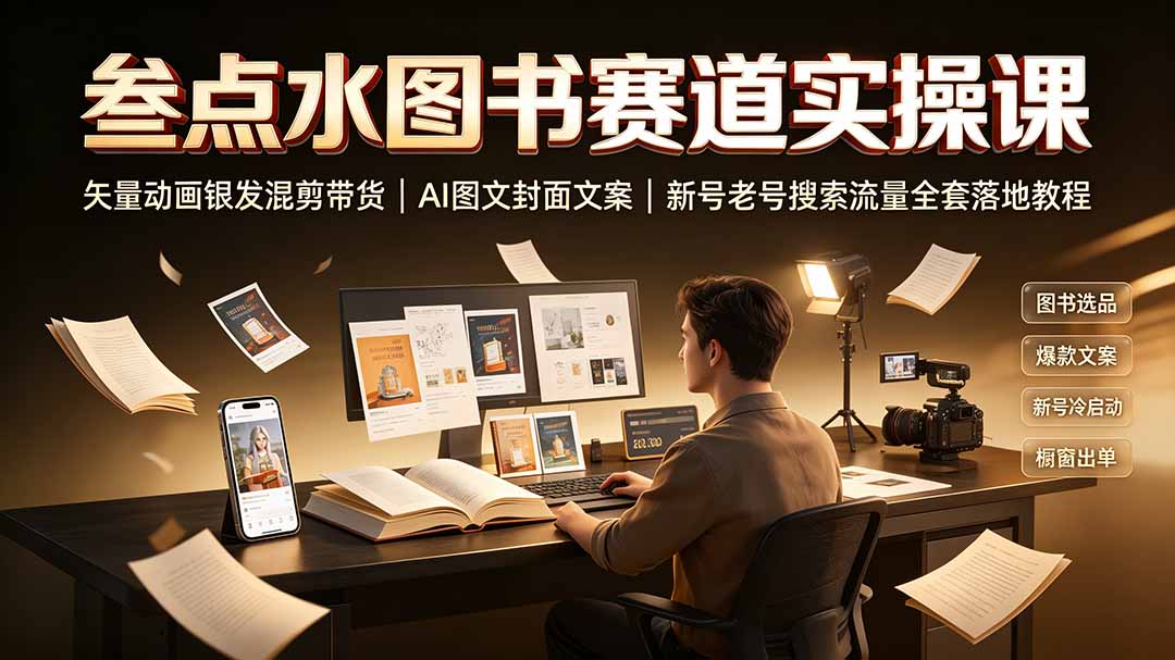 叁点水图书赛道实操课｜矢量动画银发混剪带货，AI图文封面文案，新号老号搜索流量全套落地教程-禾谷轻创网