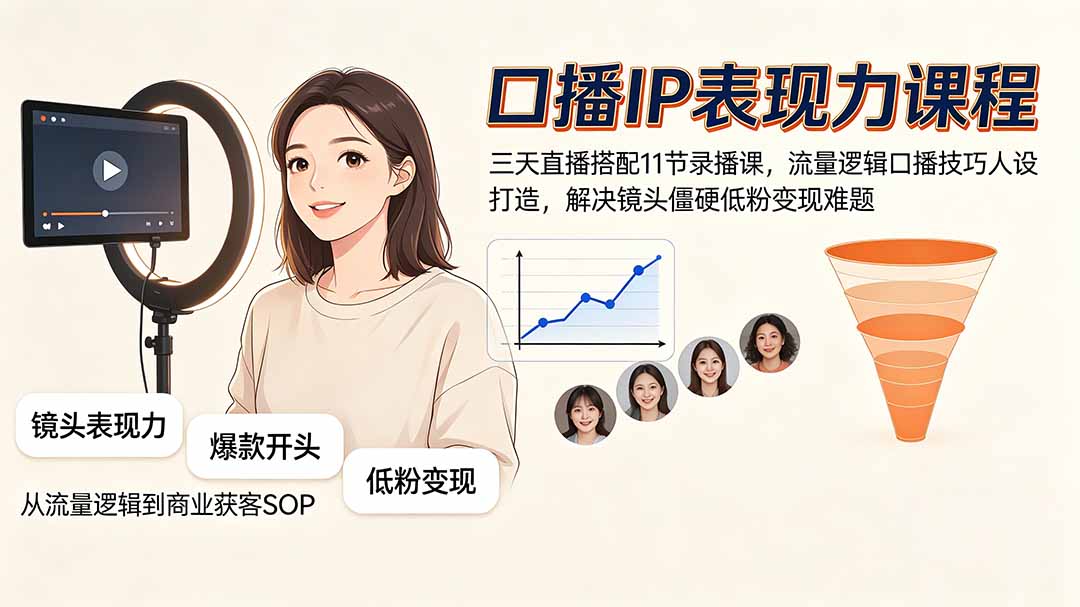 口播IP表现力课程｜三天直播搭配11节录播课，流量逻辑口播技巧人设打造，解决镜头僵硬低粉变现难题-禾谷轻创网