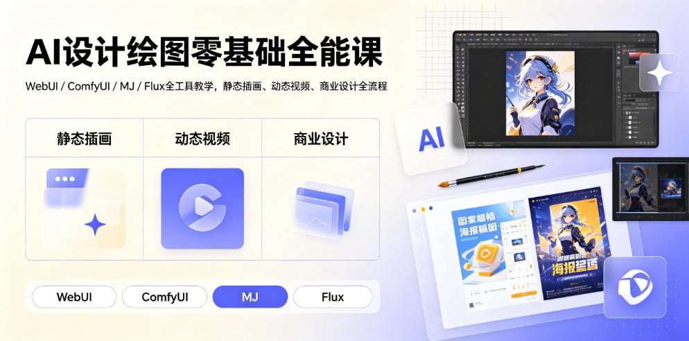 AI设计绘图零基础全能课｜WebUI/ComfyUI/MJ/Flux全工具教学，静态插画、动态视频、商业设计全流程-禾谷轻创网