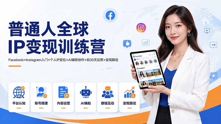普通人全球IP变现训练营：Facebook×Instagram入门×个人IP定位×AI辅助创作×前30天运营×变现路径-禾谷轻创网
