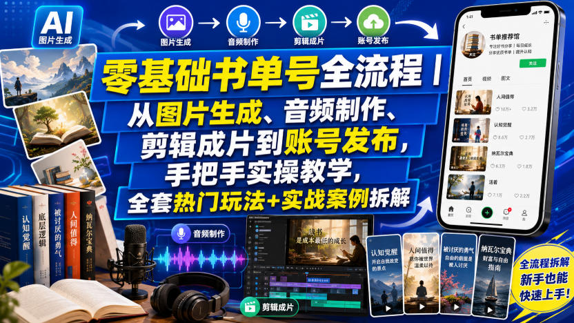 零基础书单号全流程｜从图片生成、音频制作、剪辑成片到账号发布，手把手实操教学，全套热门玩法+实战案例拆解-禾谷轻创网