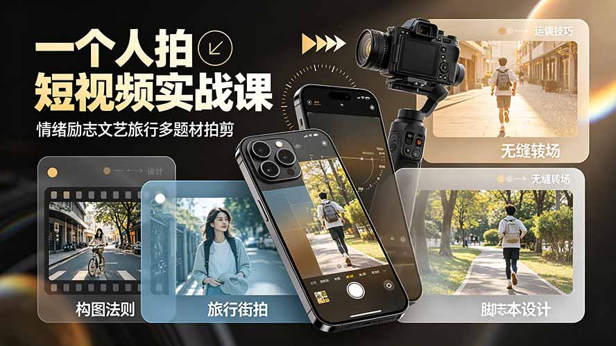 一个人拍短视频实战课：情绪励志文艺旅行多题材×五大景别×黄金构图×八大运镜，从拍摄到成片高效创作-禾谷轻创网