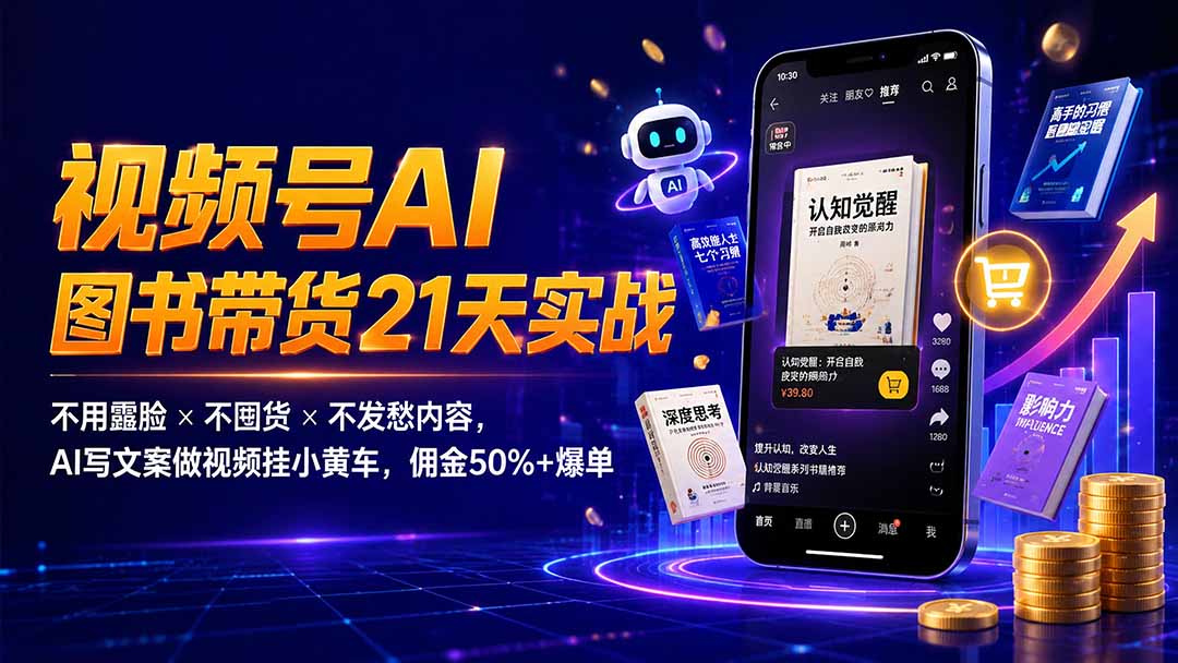 繁花视频号AI图书带货21天实战：不用露脸×不囤货×不发愁内容，AI写文案做视频挂小黄车，佣金50%+爆单-禾谷轻创网