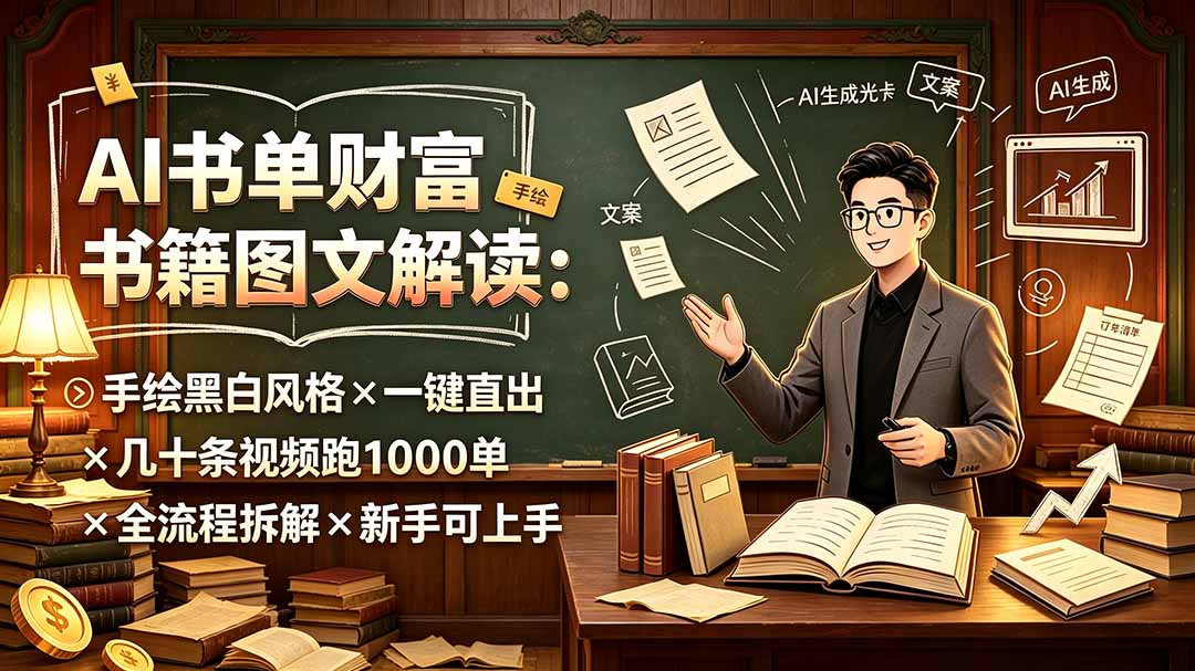 AI书单财富书籍图文解读：手绘黑白风格×一键直出×几十条视频跑1000单×全流程拆解×新手可上手-禾谷轻创网