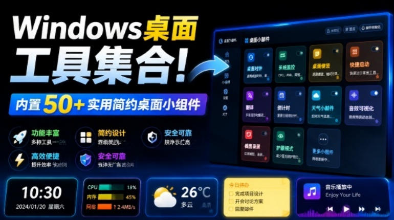 Windows桌面工具集合！内置50+实用简约桌面小组件，含截图、录屏、翻译、天气等，多秘工具箱-禾谷轻创网