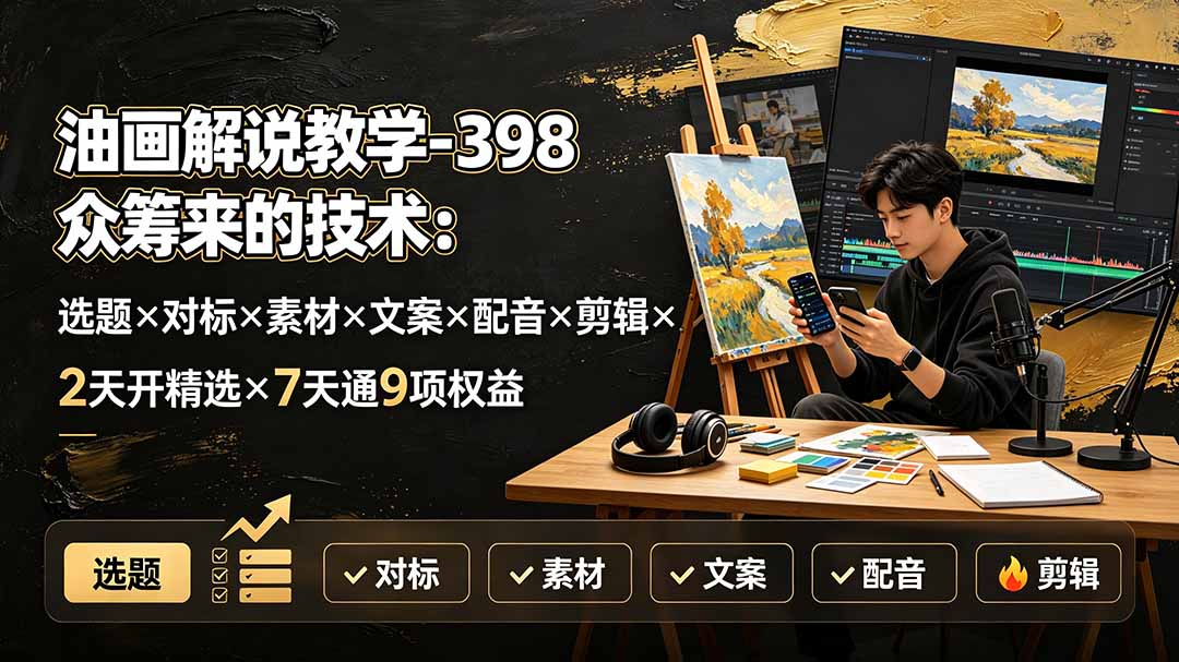 油画解说教学-398众筹来的技术：选题×对标×素材×文案×配音×剪辑×2天开精选×7天通9项权益-禾谷轻创网