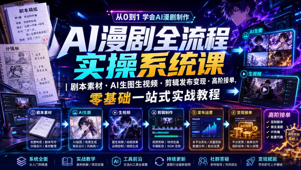 AI漫剧全流程实操系统课｜剧本素材・AI生图生视频・剪辑发布变现・高阶接单，零基础一站式实战教程-禾谷轻创网