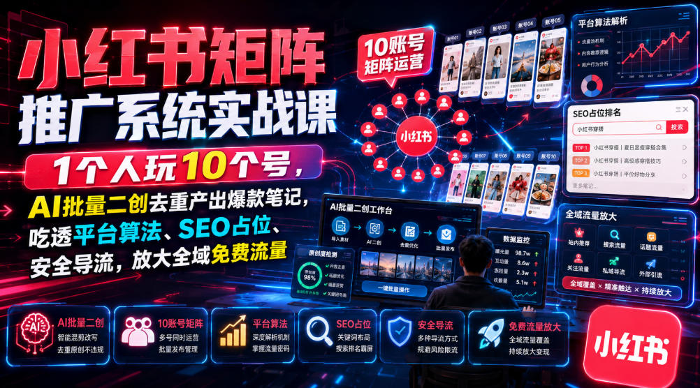 小红书矩阵推广系统实战课｜1个人玩10个号，AI批量二创去重产出爆款笔记，吃透平台算法、SEO占位、安全导流，放大全域免费流量-禾谷轻创网
