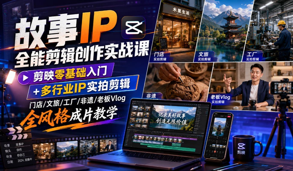 故事IP全能剪辑创作实战课｜剪映零基础入门+多行业IP实拍剪辑，门店/文旅/工厂/非遗/老板Vlog全风格成片教学-禾谷轻创网