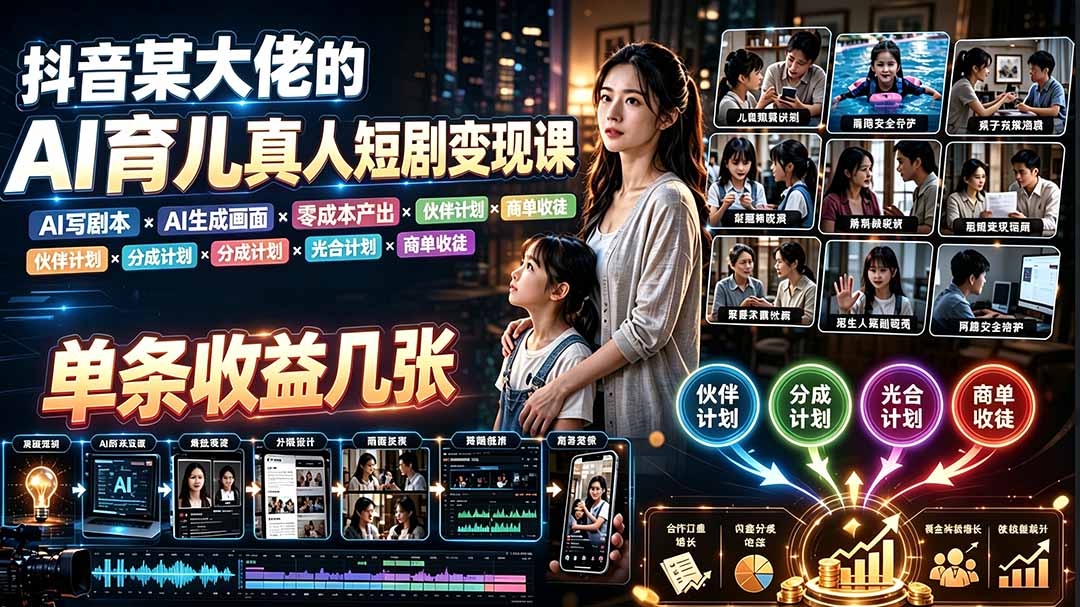 AI育儿真人短剧变现课：AI写剧本×AI生成画面×零成本产出×伙伴计划×分成计划×光合计划×商单收徒-禾谷轻创网