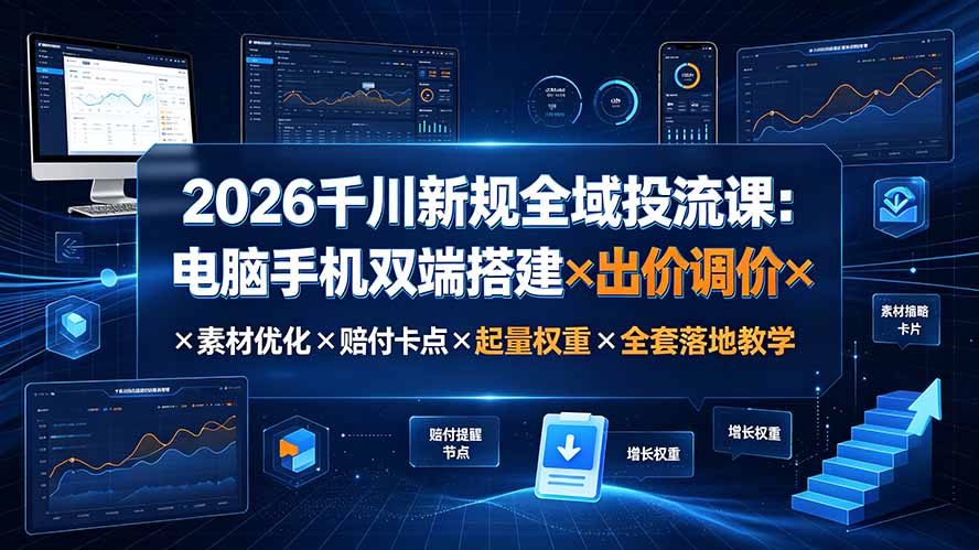 2026千川新规全域投流课：电脑手机双端搭建×出价调价×素材优化×赔付卡点×起量权重×全套落地教学-禾谷轻创网